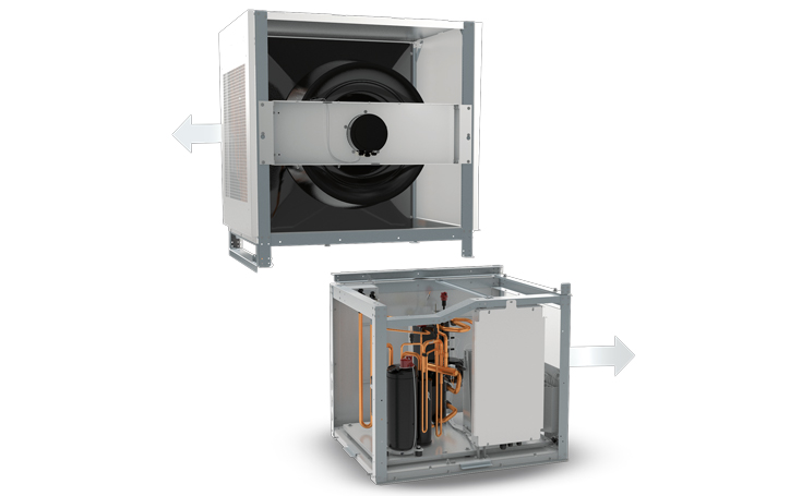 Zwei Teile einer Luft-Wasser Wärmepumpe im Querschnitt.